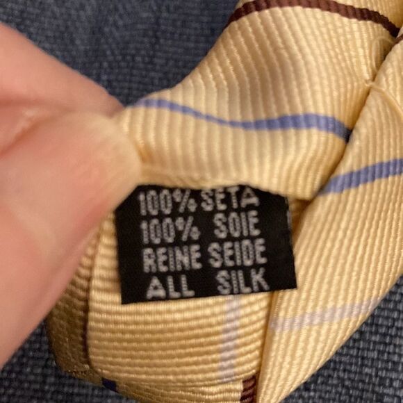 Basile Italia Printed Silk Tie in Yellow with Brown & Blue Diagonal Stripe. - Picture 4 of 4